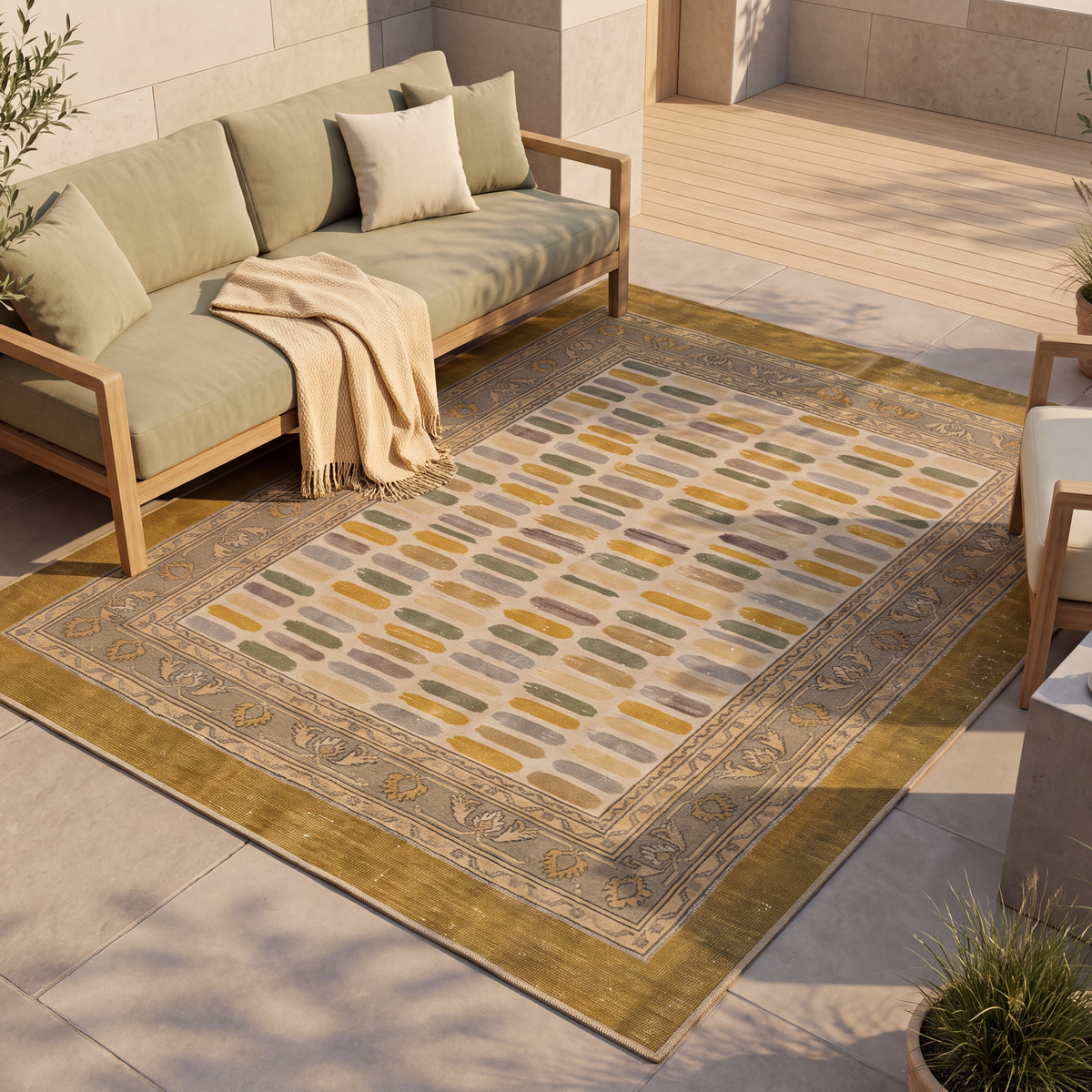 The rug laid flat on a patio beside outdoor seating.
