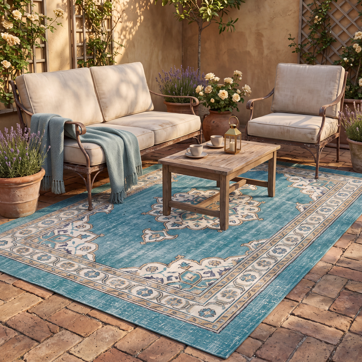 The rug laid flat on a patio beside outdoor seating.