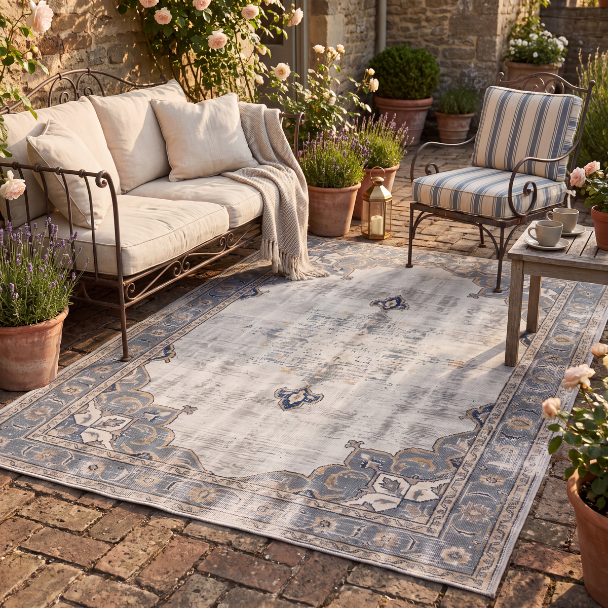 The rug laid flat on a patio beside outdoor seating.