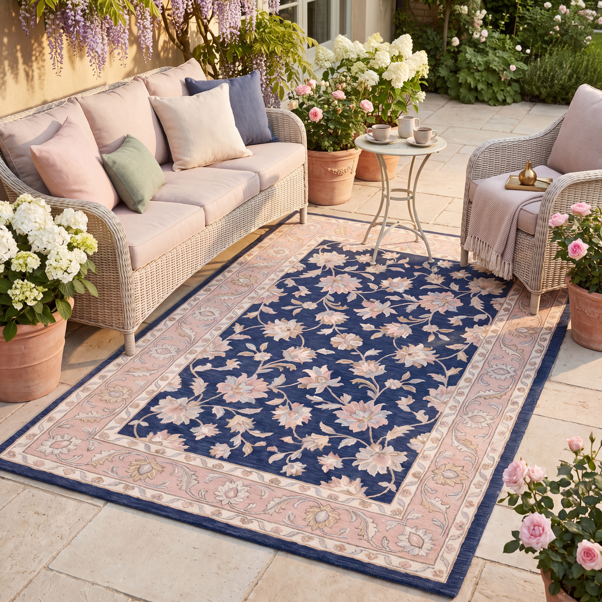 The rug laid flat on a patio beside outdoor seating.