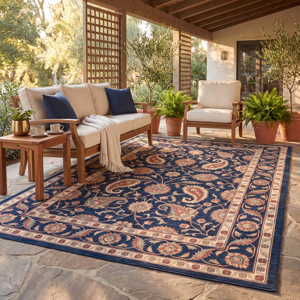 The rug laid flat on a patio beside outdoor seating.