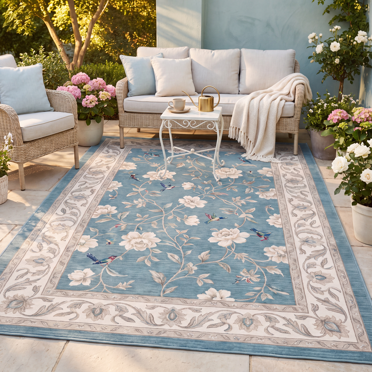 The rug laid flat on a patio beside outdoor seating.