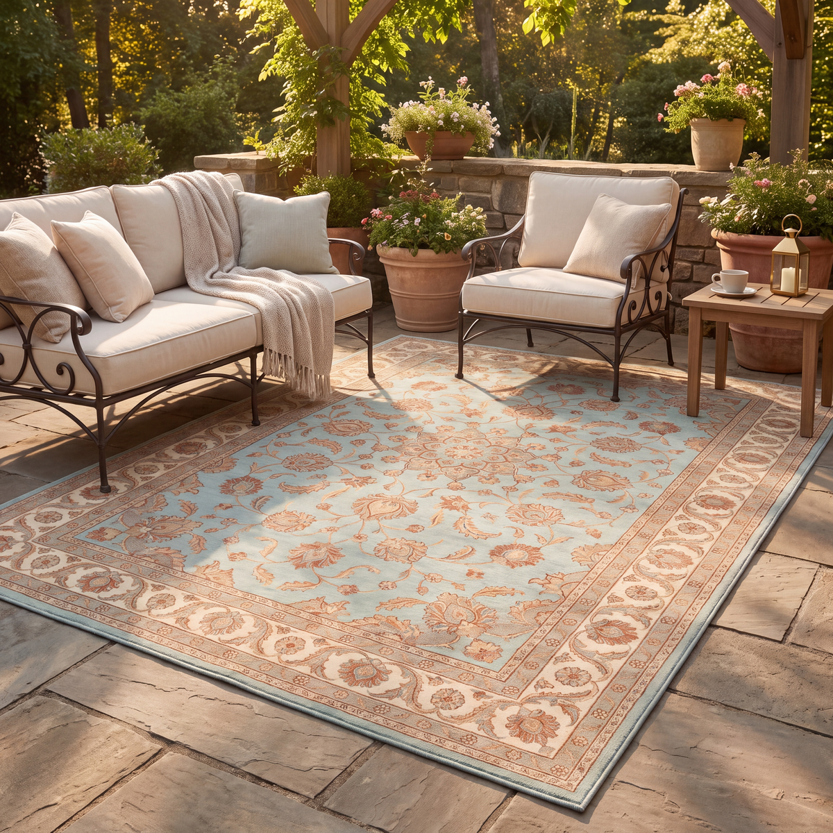 The rug laid flat on a patio beside outdoor seating.