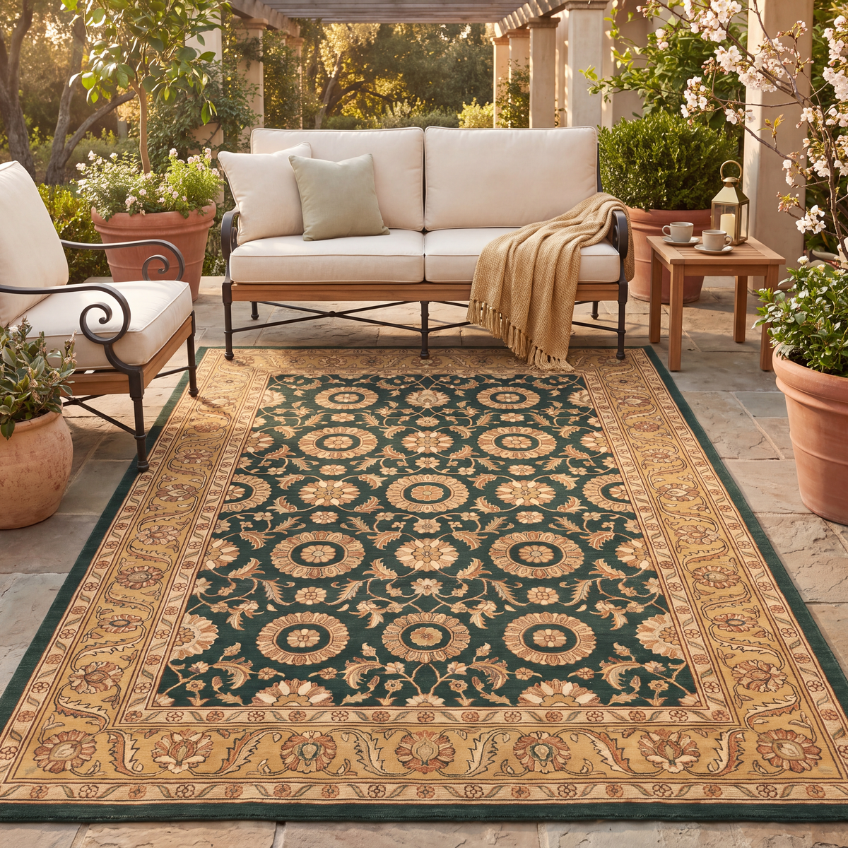 The rug laid flat on a patio beside outdoor seating.