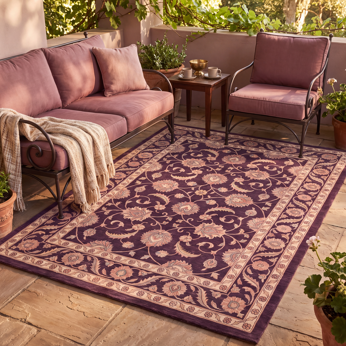 The rug laid flat on a patio beside outdoor seating.