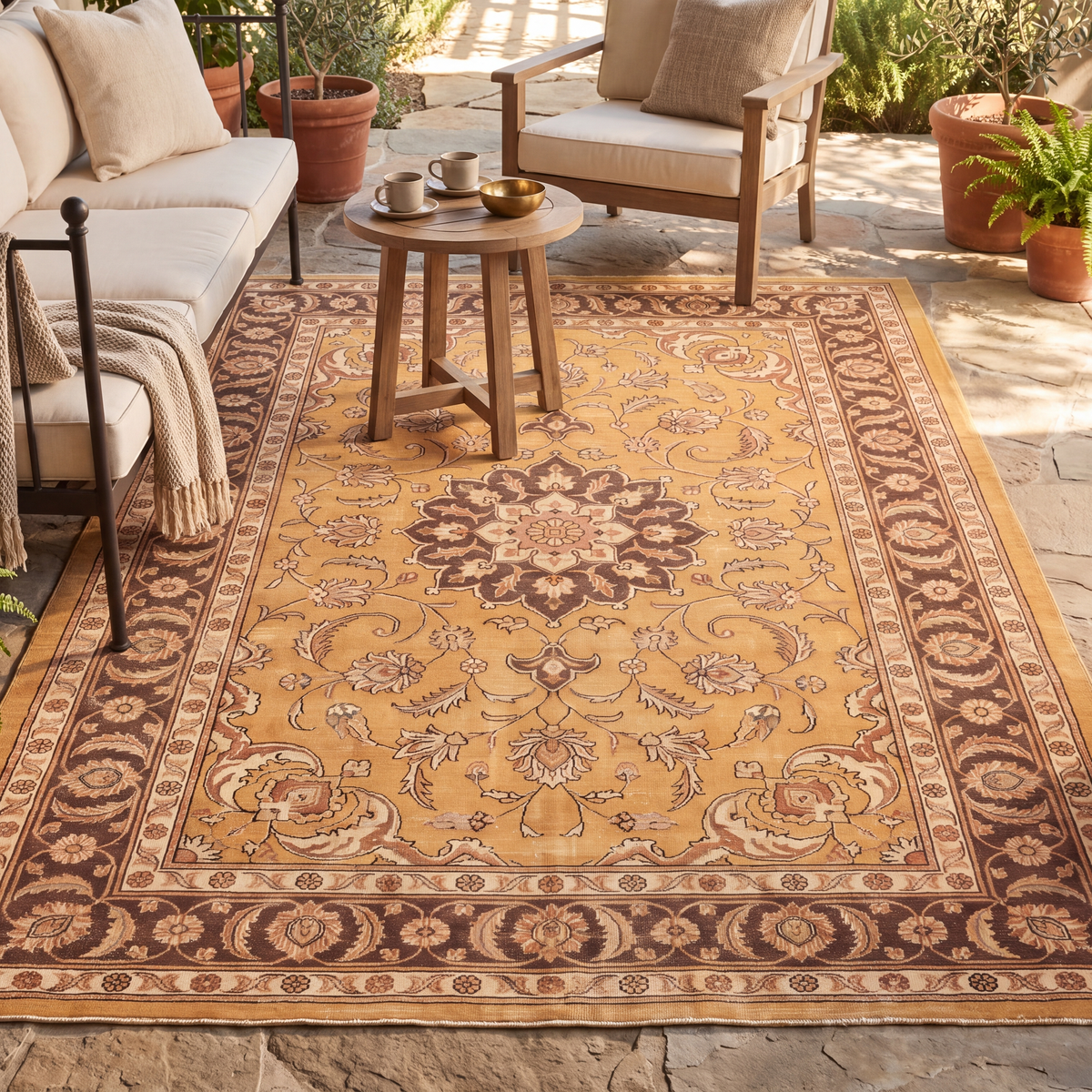 The rug laid flat on a patio beside outdoor seating.