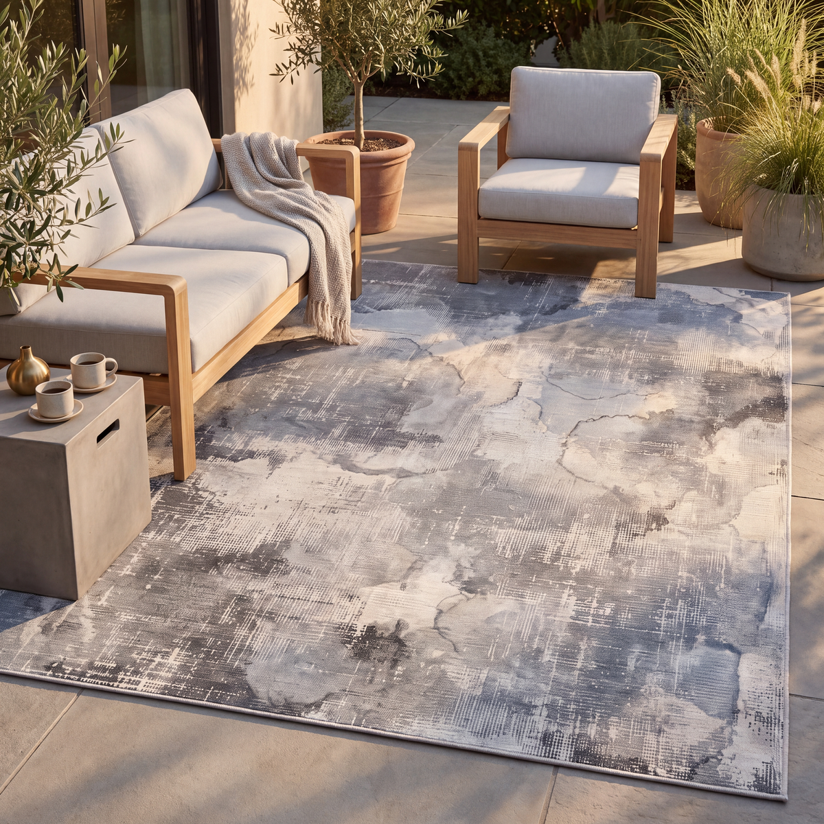 The rug laid flat on a patio beside outdoor seating.