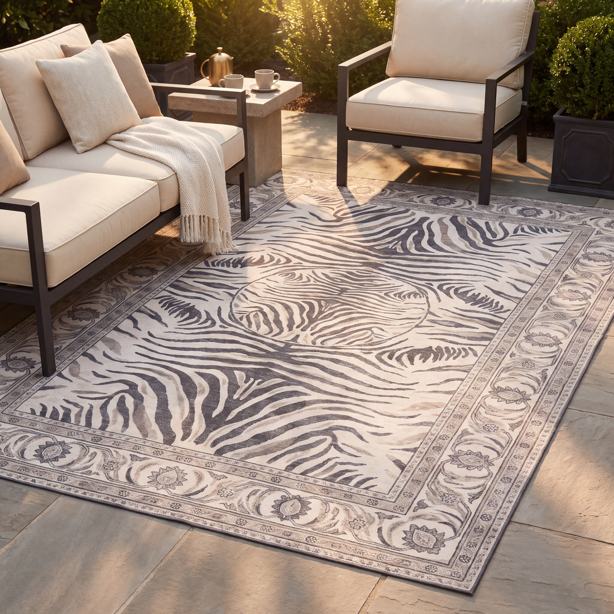 The rug laid flat on a patio beside outdoor seating.
