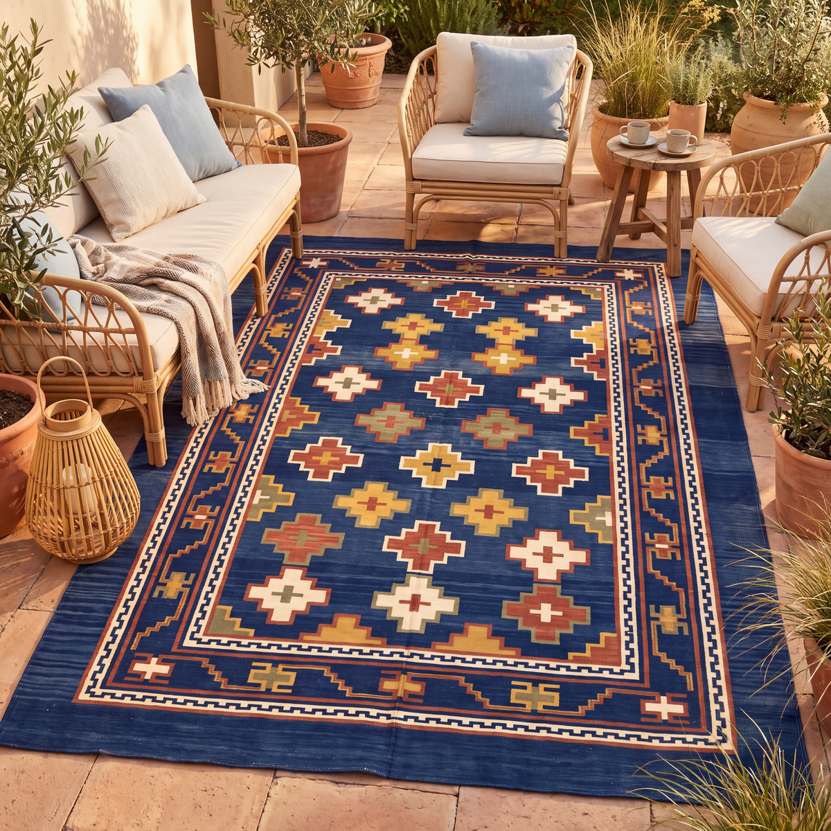 The rug laid flat on a patio beside outdoor seating.
