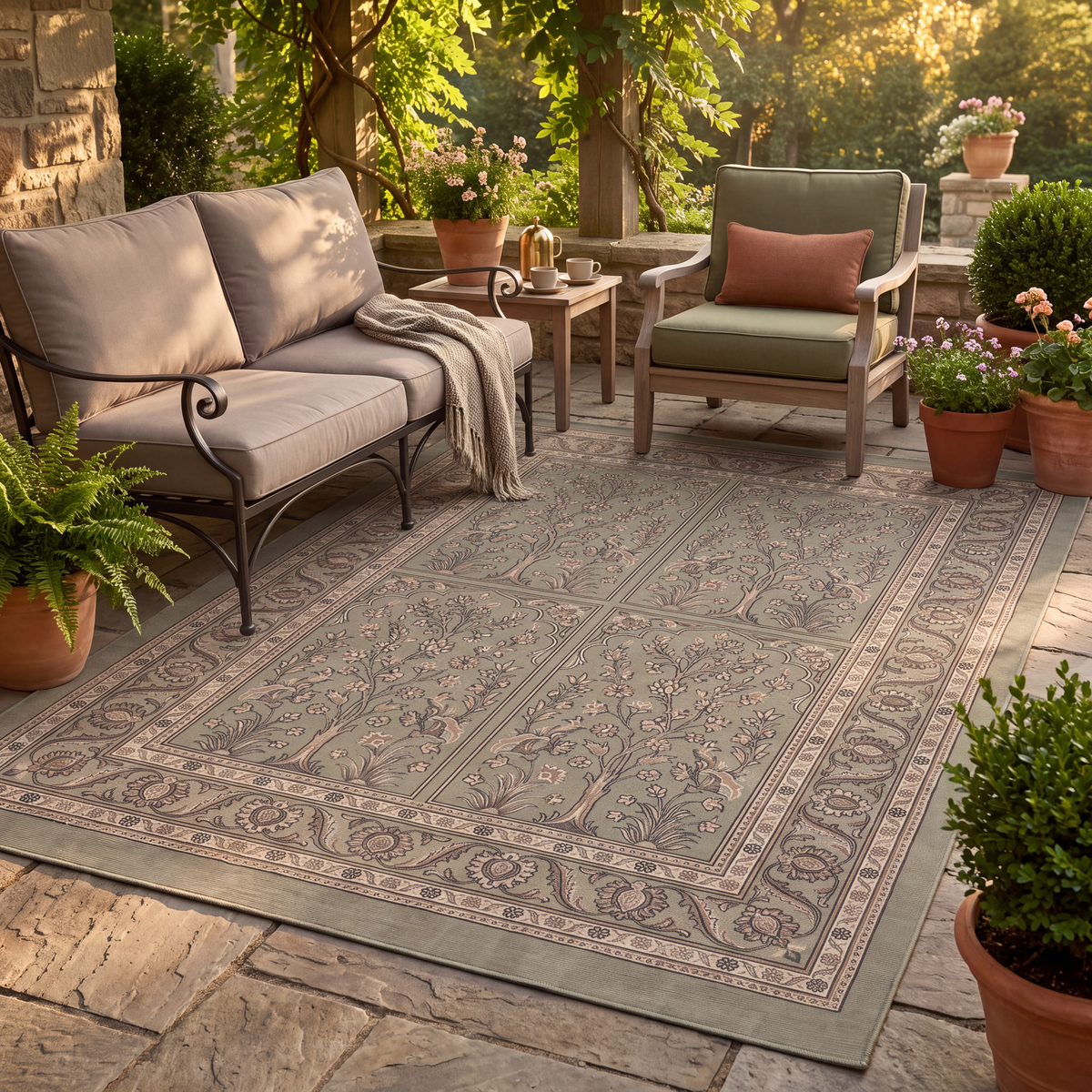 The rug laid flat on a patio beside outdoor seating.