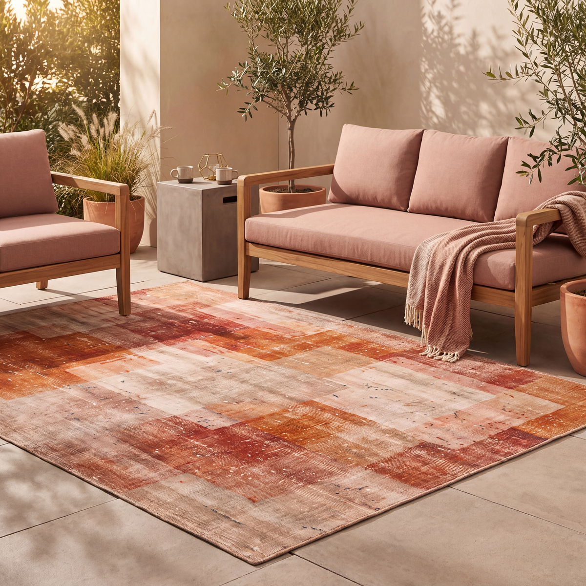 The rug laid flat on a patio beside outdoor seating.