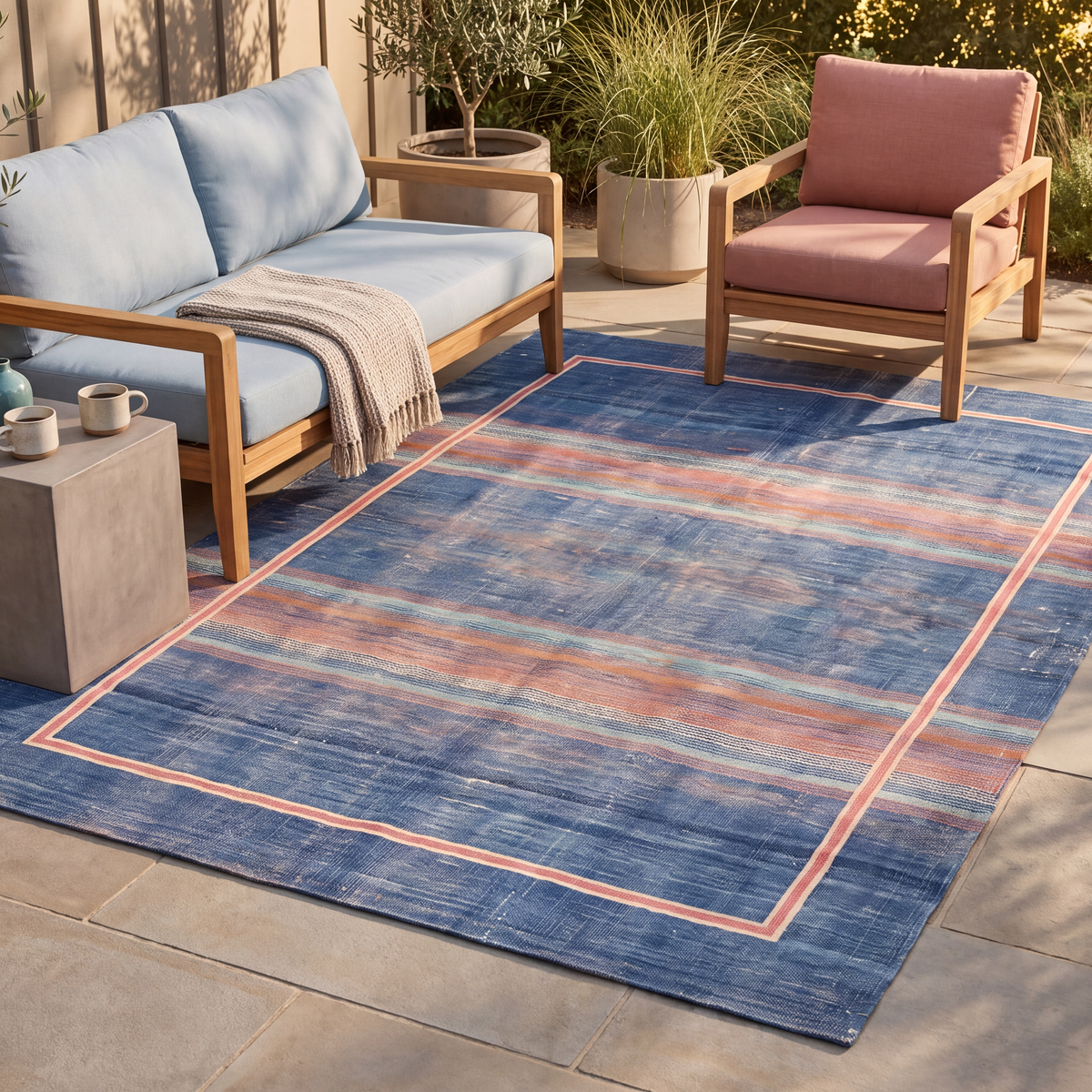 The rug laid flat on a patio beside outdoor seating.