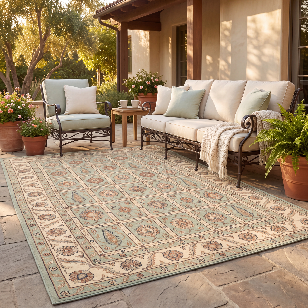 The rug laid flat on a patio beside outdoor seating.