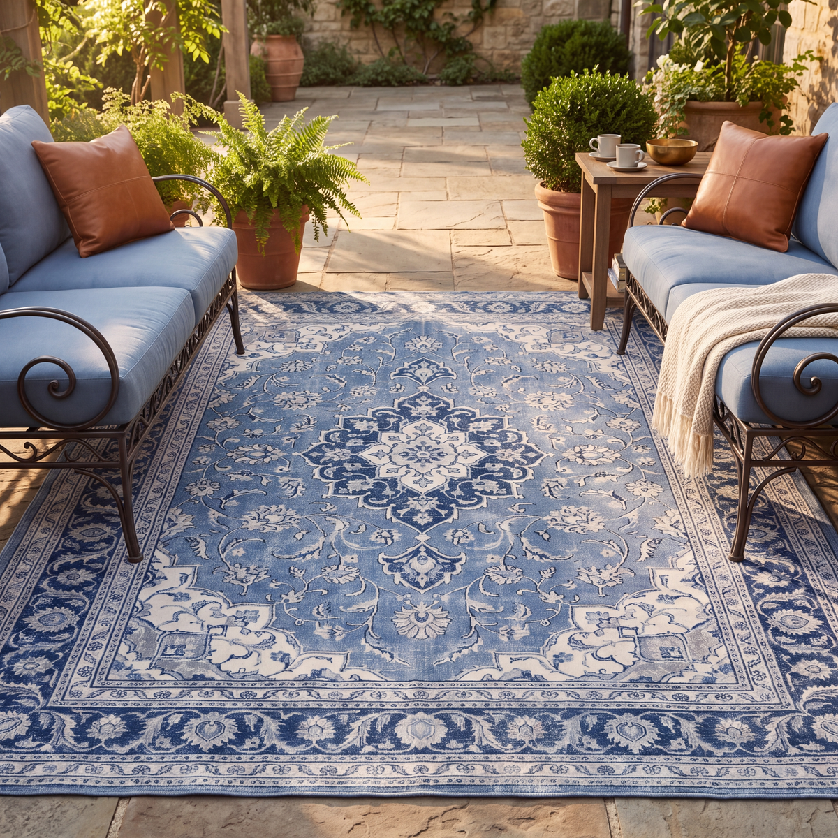 The rug laid flat on a patio beside outdoor seating.