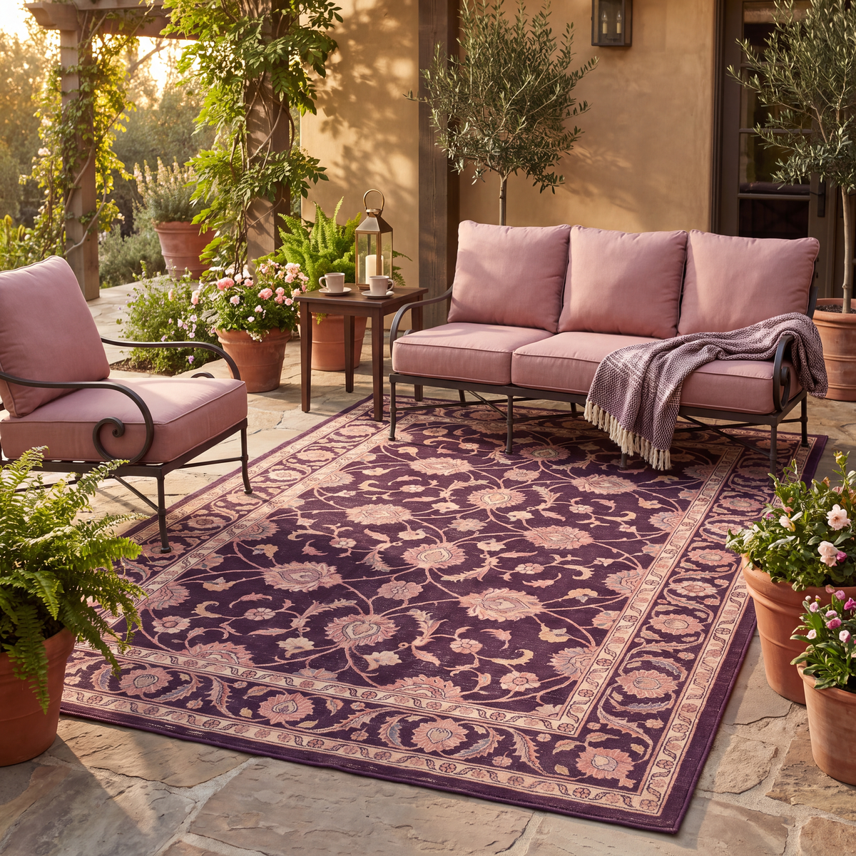 The rug laid flat on a patio beside outdoor seating.