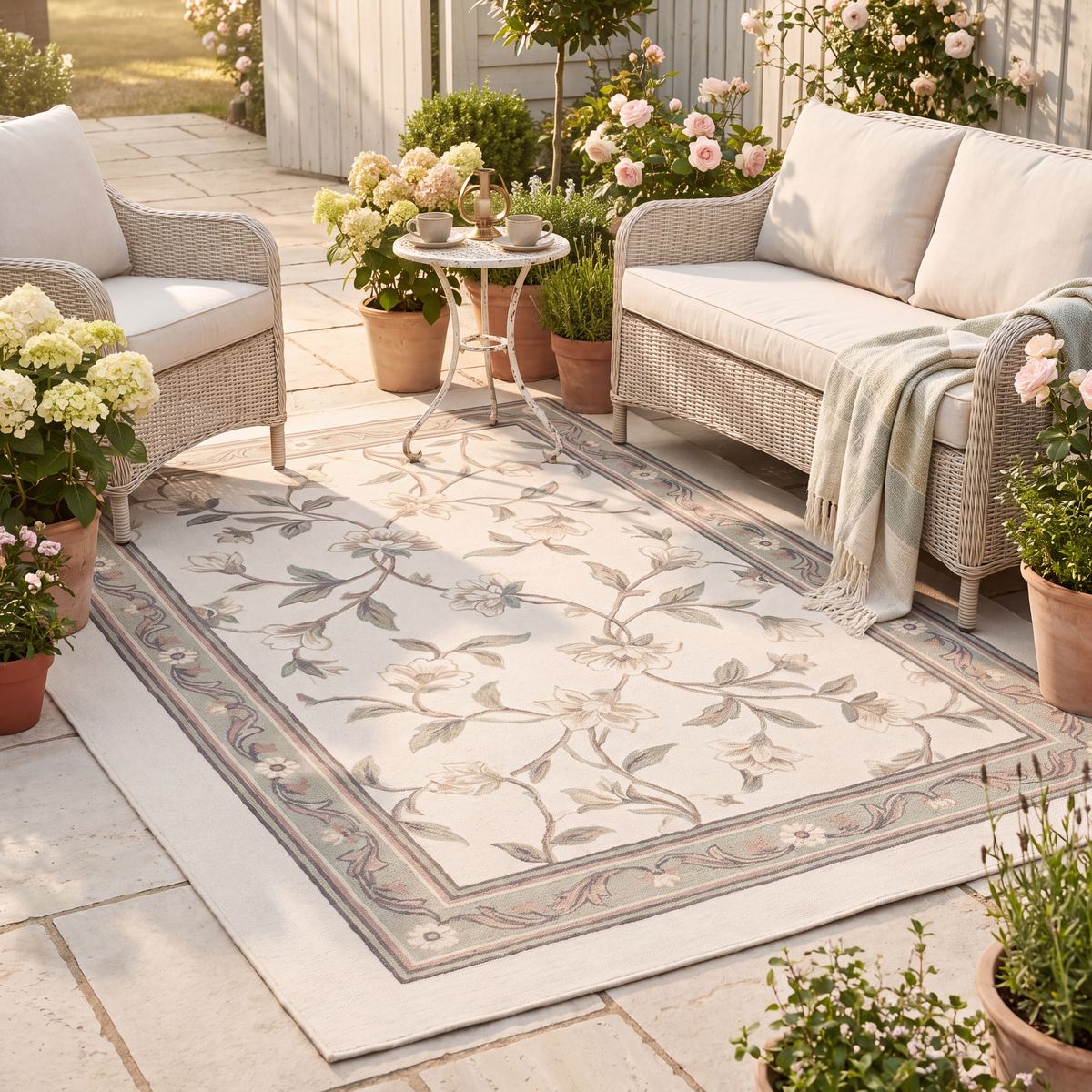 The rug laid flat on a patio beside outdoor seating.