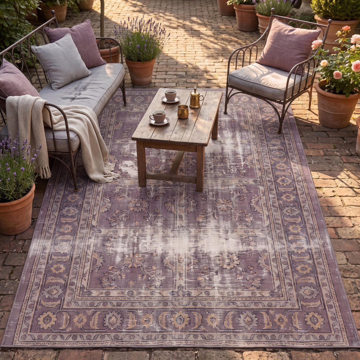 The rug laid flat on a patio beside outdoor seating.