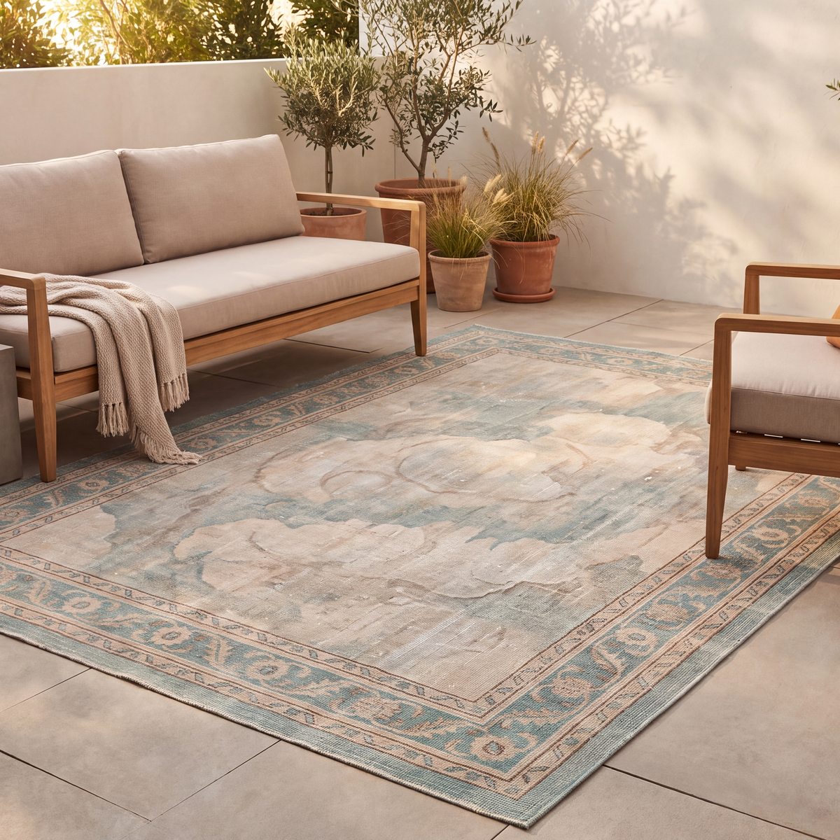 The rug laid flat on a patio beside outdoor seating.