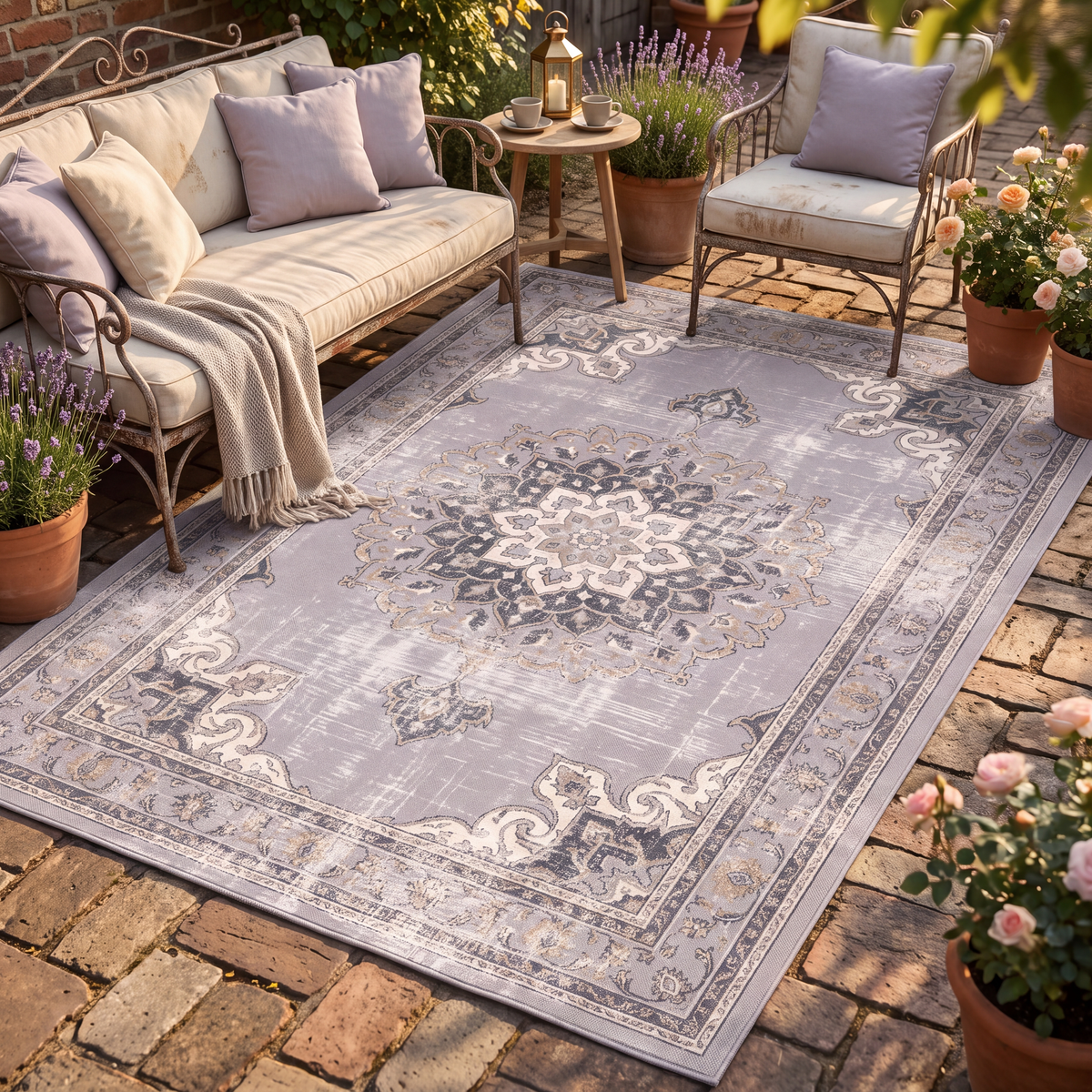 The rug laid flat on a patio beside outdoor seating.