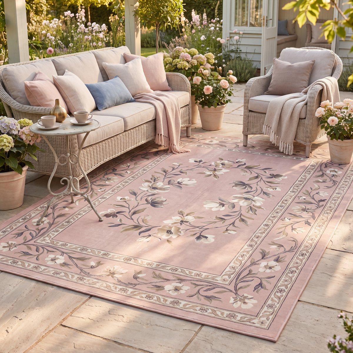 The rug laid flat on a patio beside outdoor seating.