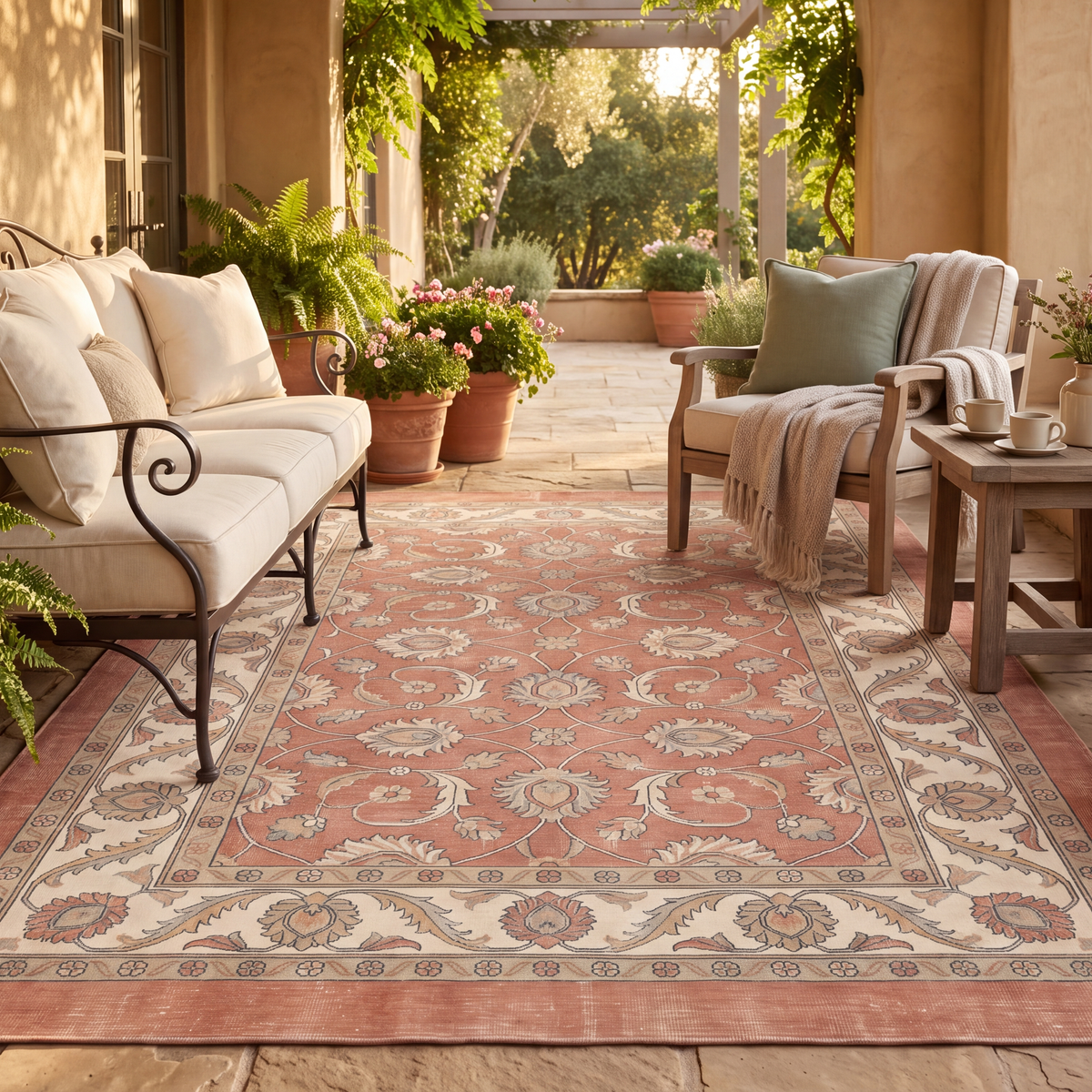 The rug laid flat on a patio beside outdoor seating.