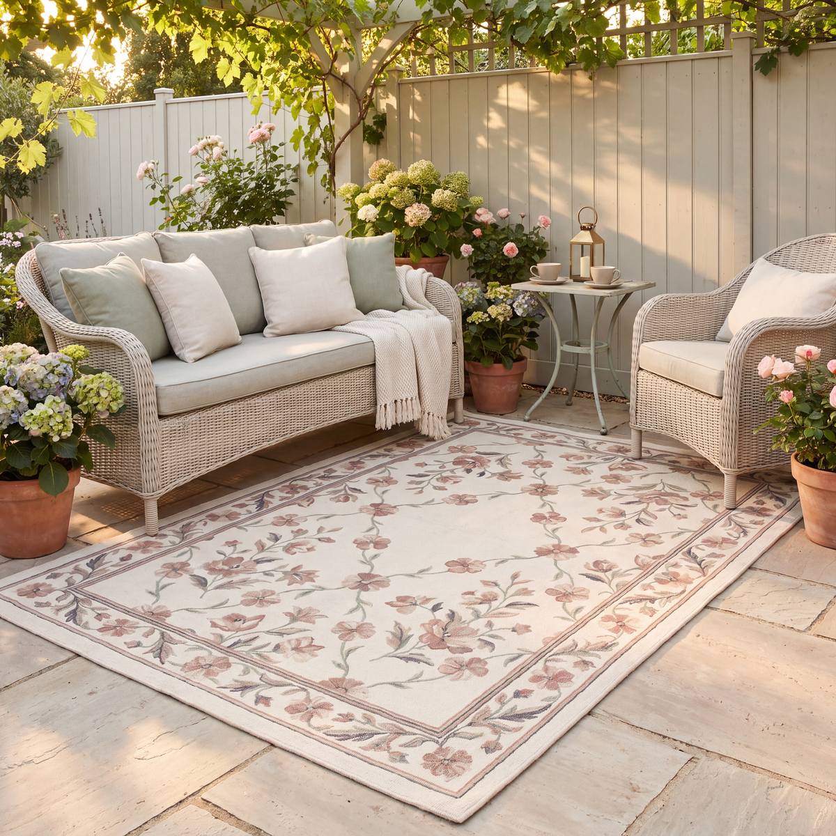 The rug laid flat on a patio beside outdoor seating.