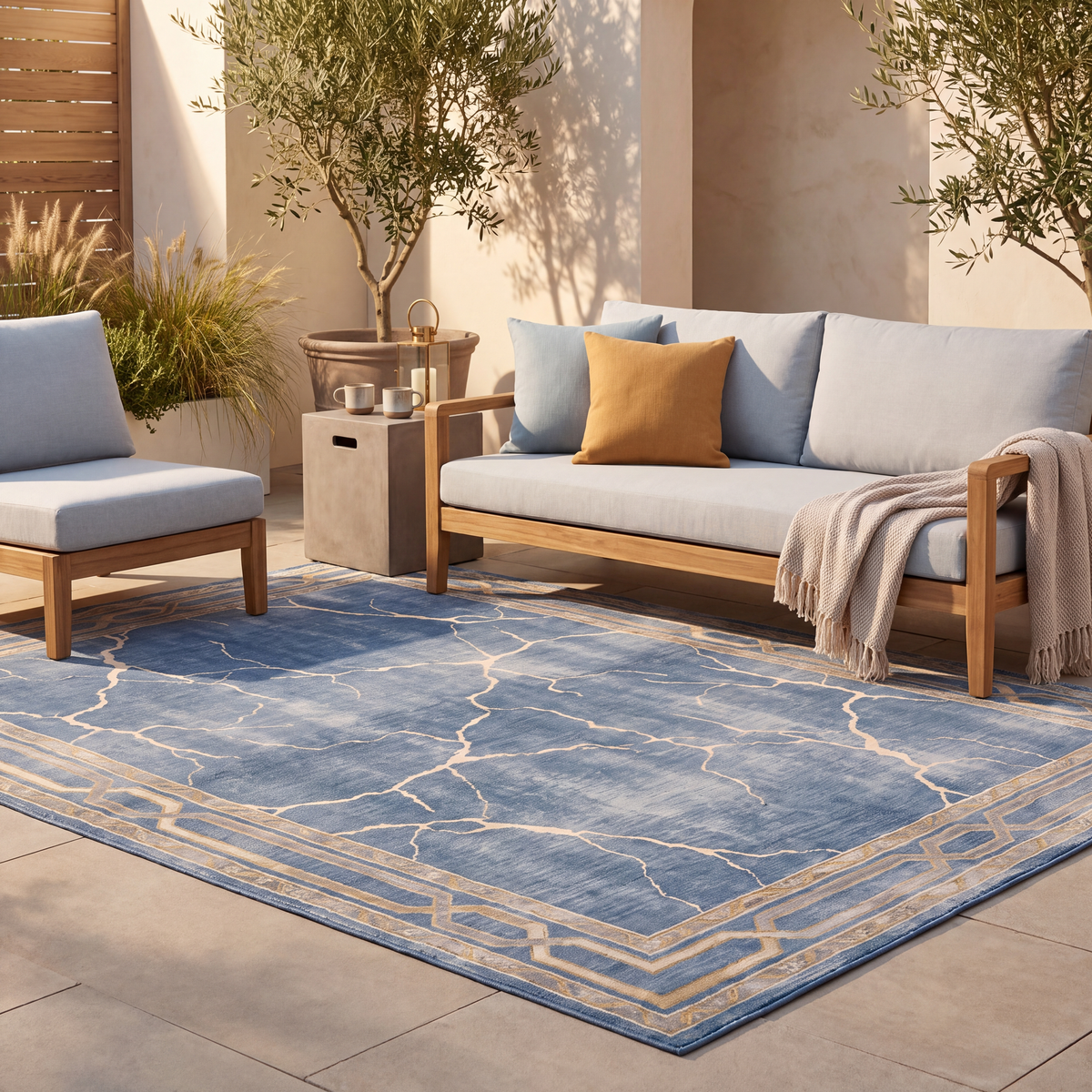 The rug laid flat on a patio beside outdoor seating.