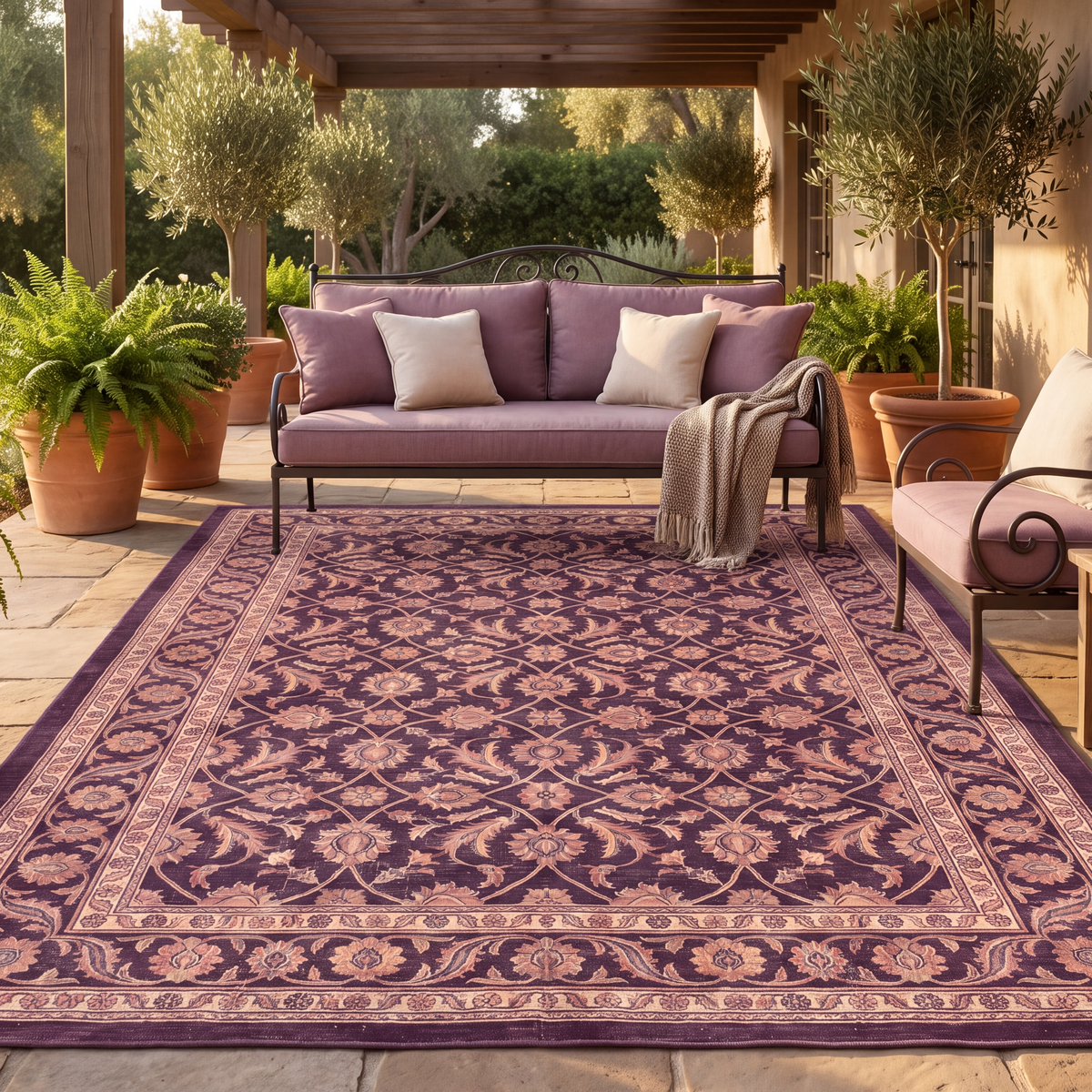 The rug laid flat on a patio beside outdoor seating.