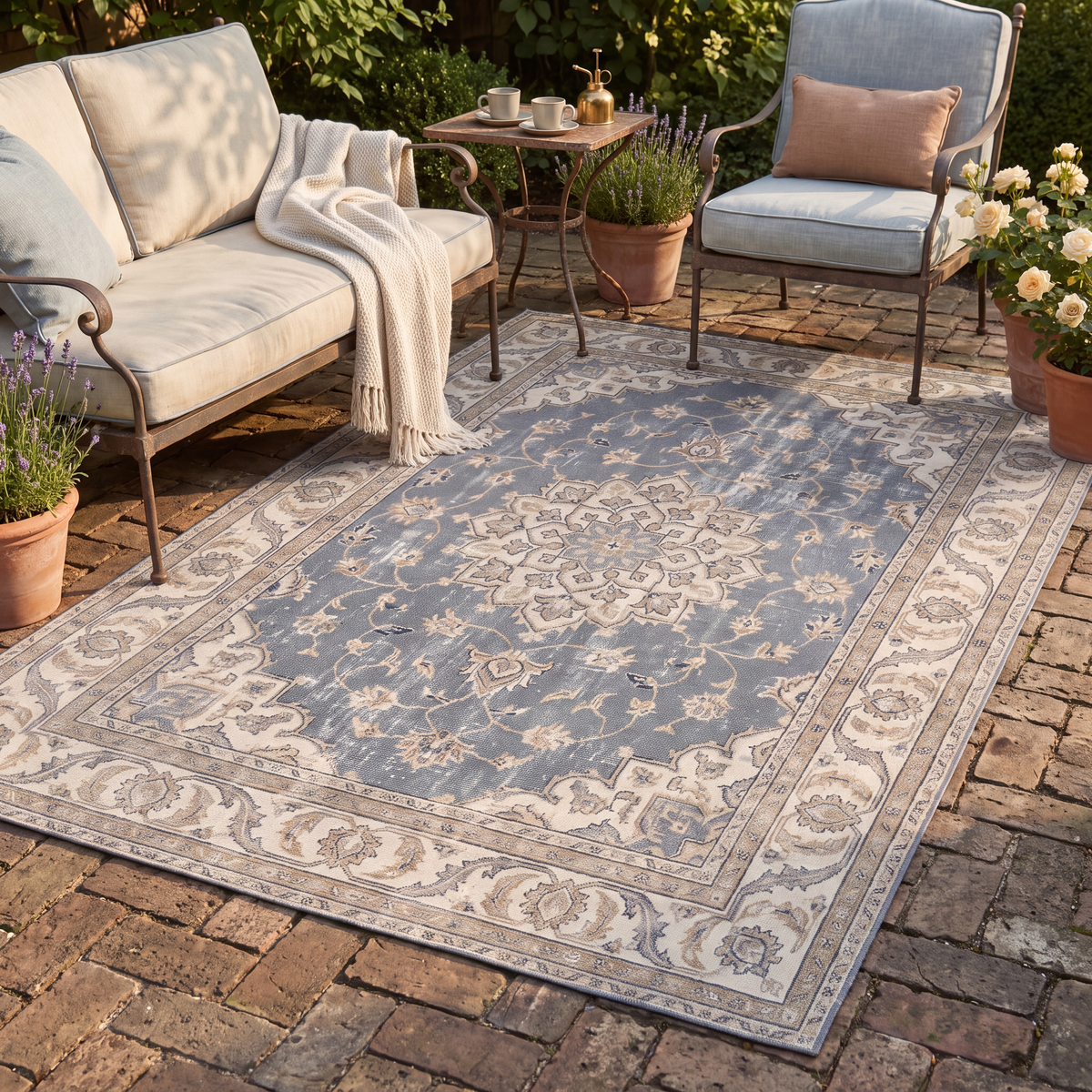 The rug laid flat on a patio beside outdoor seating.