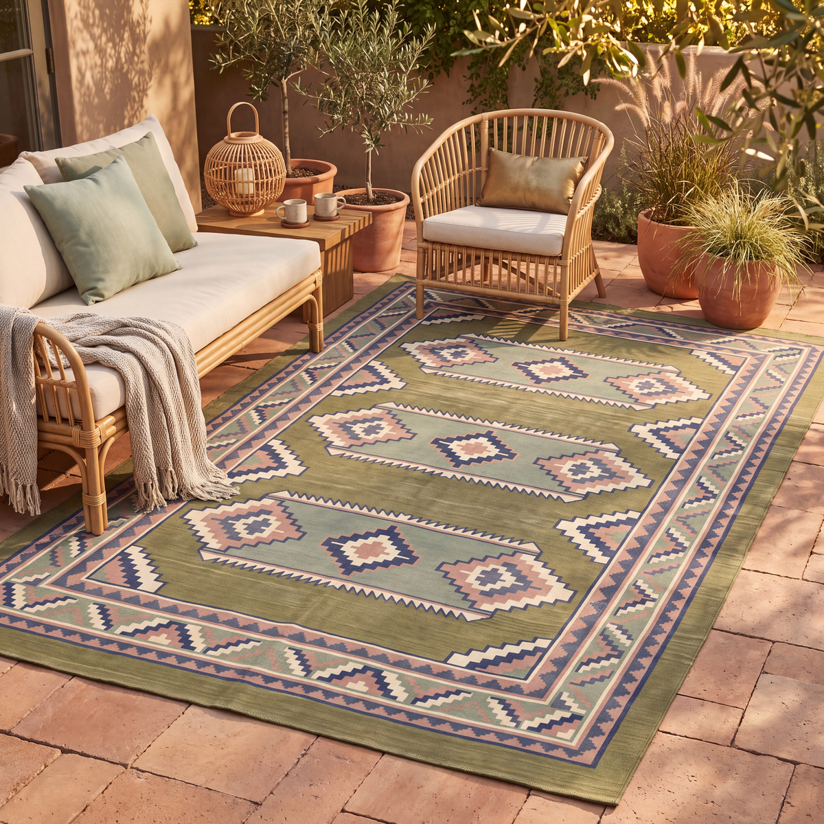 The rug laid flat on a patio beside outdoor seating.
