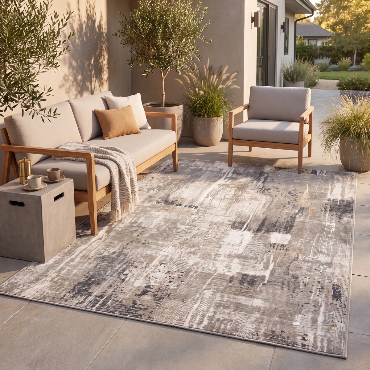 The rug laid flat on a patio beside outdoor seating.