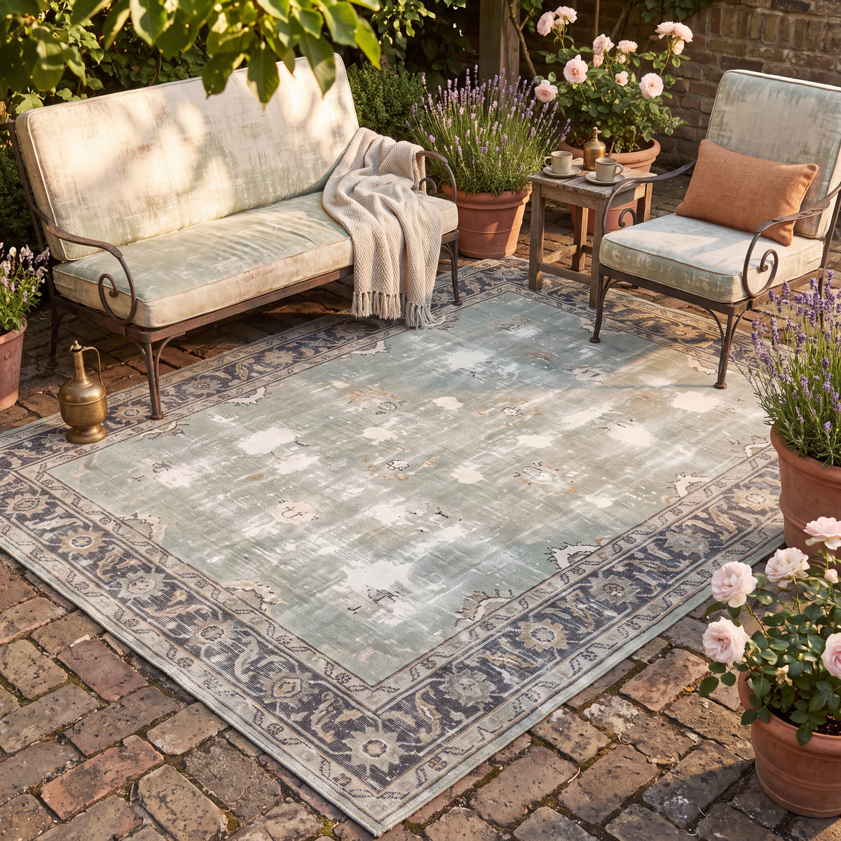 The rug laid flat on a patio beside outdoor seating.