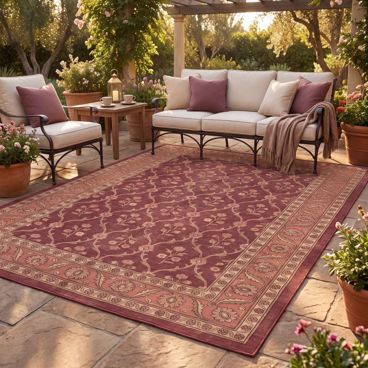 The rug laid flat on a patio beside outdoor seating.