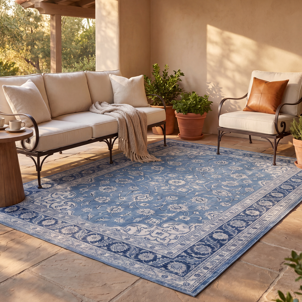 The rug laid flat on a patio beside outdoor seating.