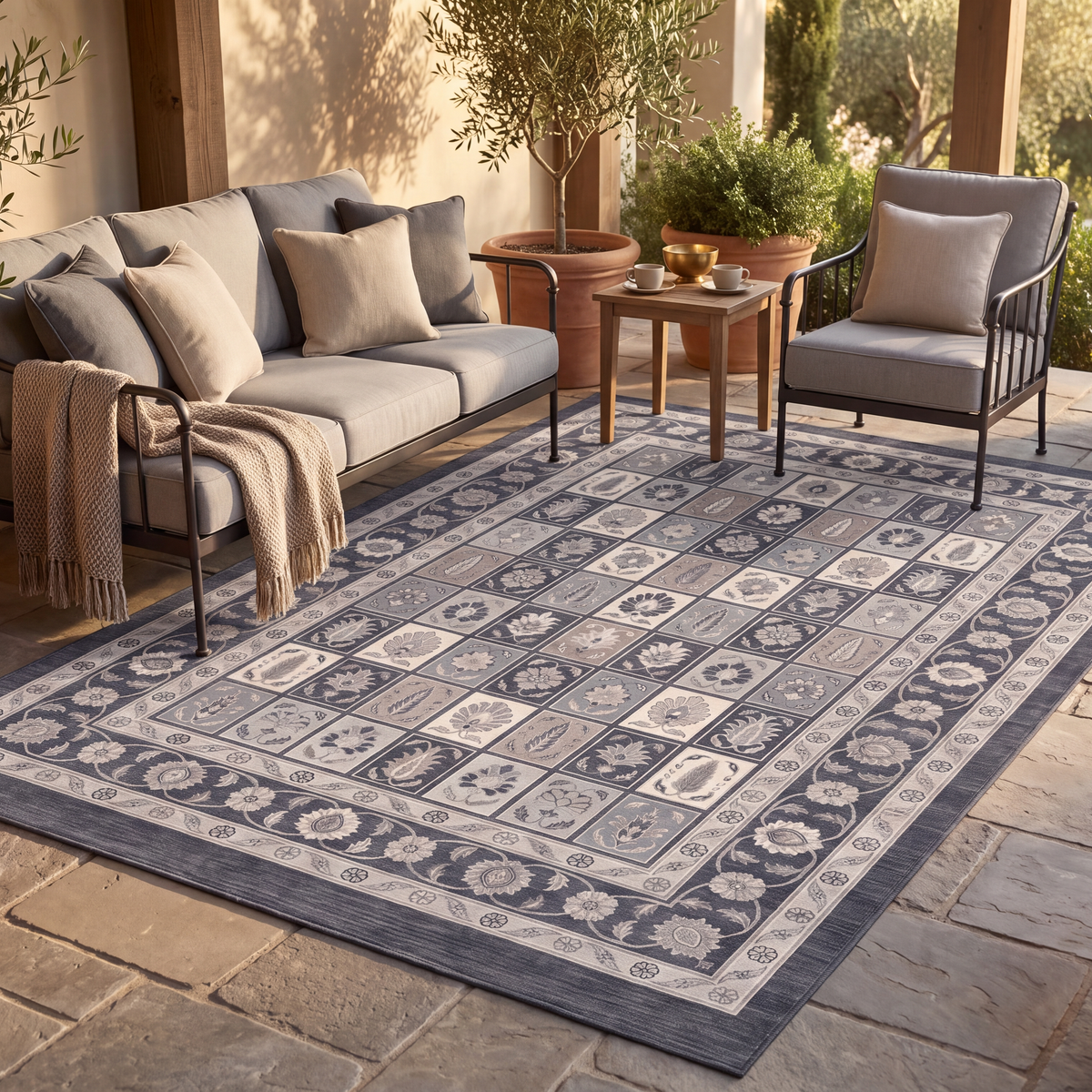 The rug laid flat on a patio beside outdoor seating.