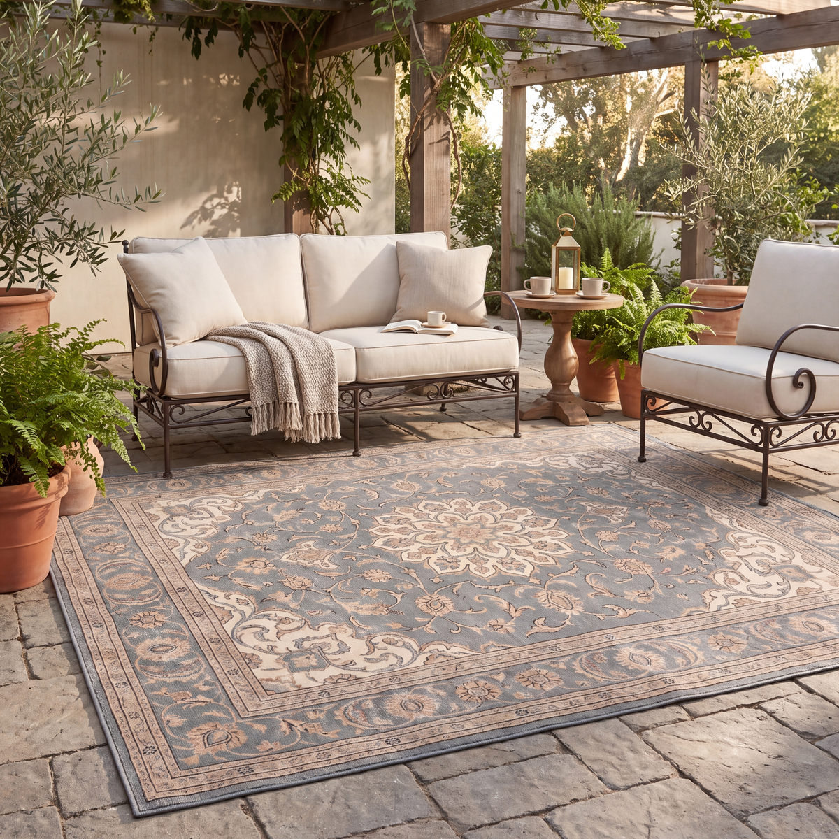 The rug laid flat on a patio beside outdoor seating.