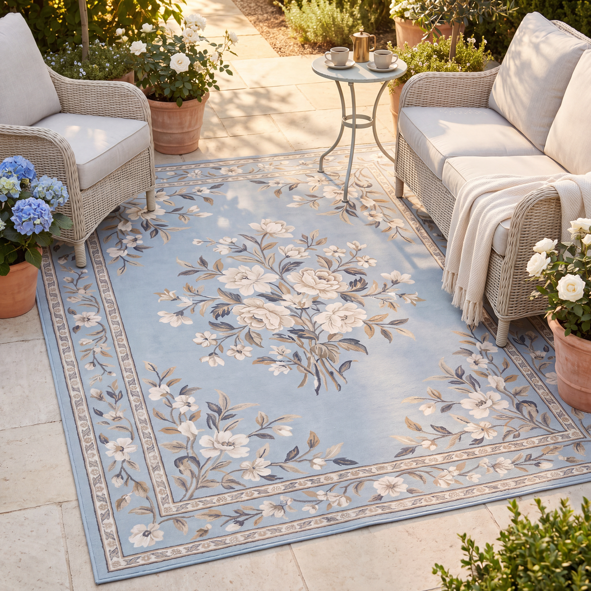 The rug laid flat on a patio beside outdoor seating.