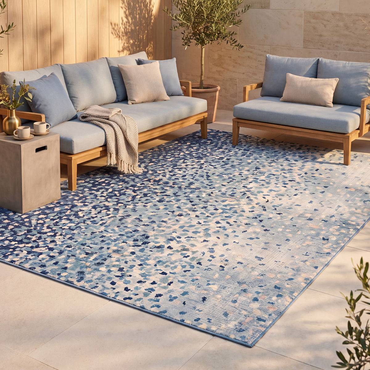 The rug laid flat on a patio beside outdoor seating.