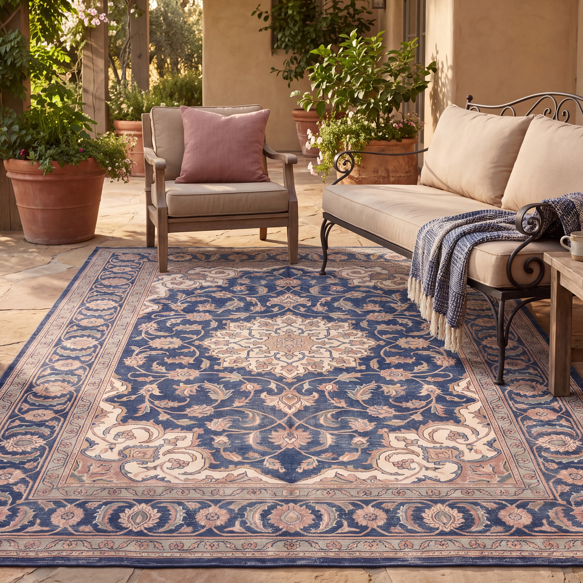 The rug laid flat on a patio beside outdoor seating.