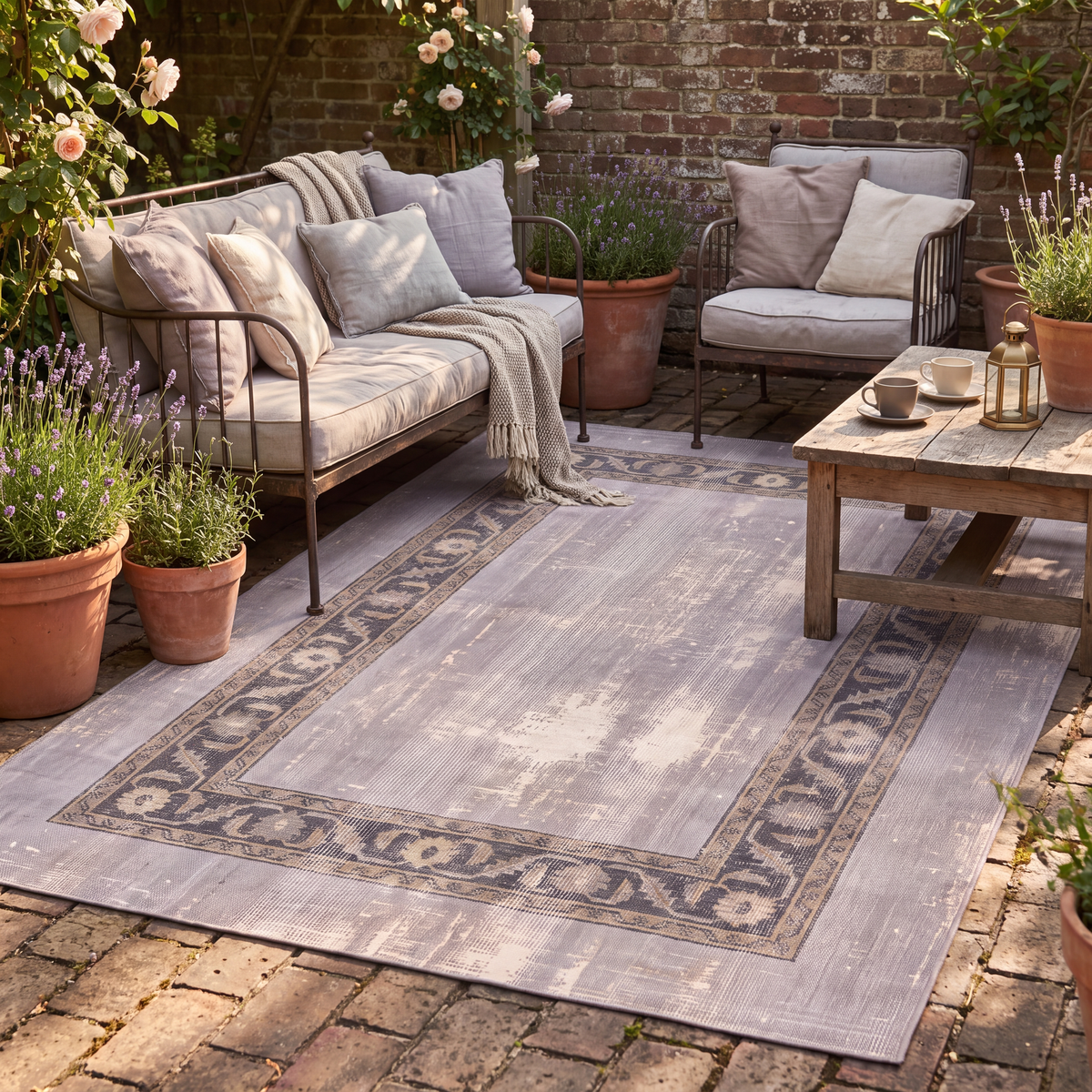 The rug laid flat on a patio beside outdoor seating.