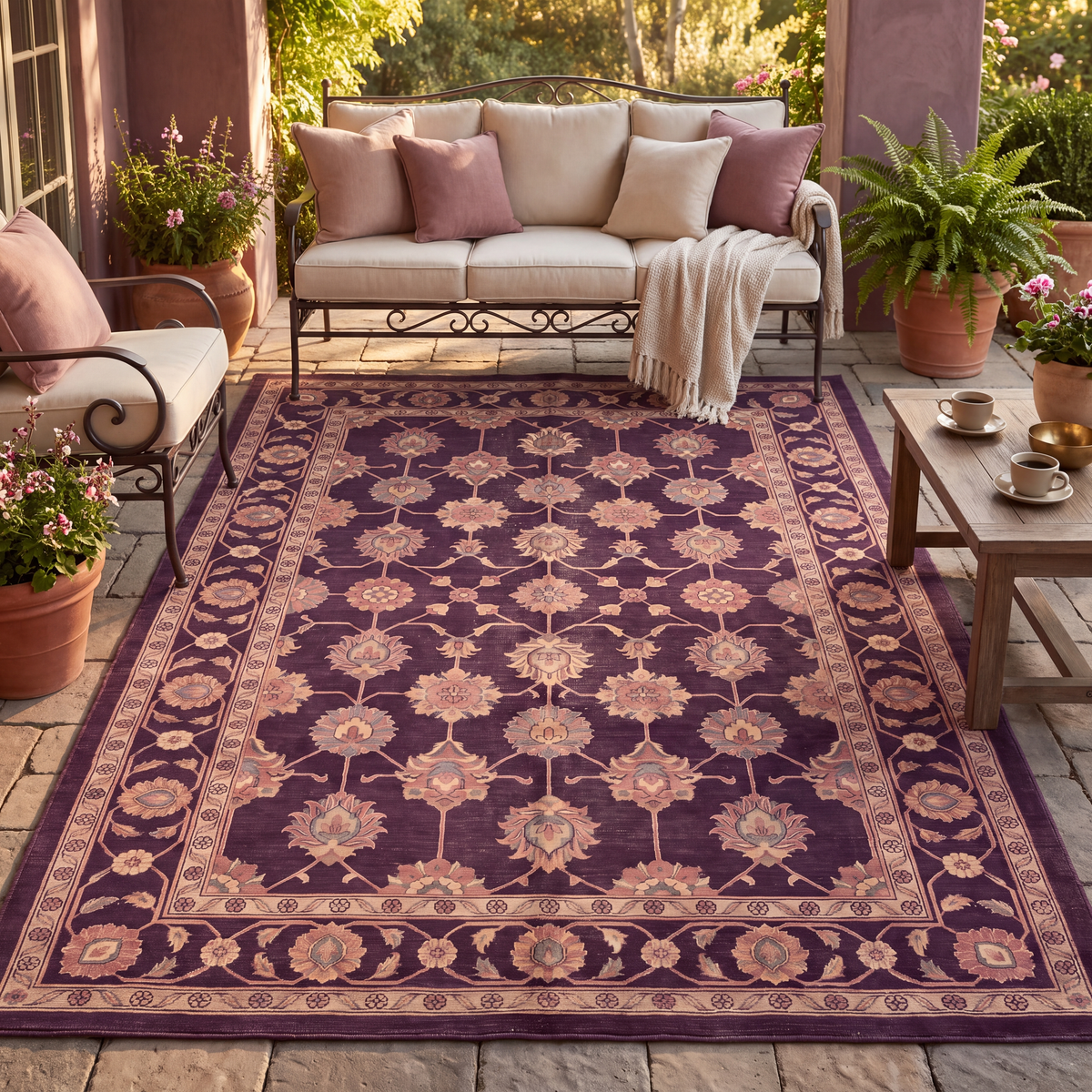 The rug laid flat on a patio beside outdoor seating.