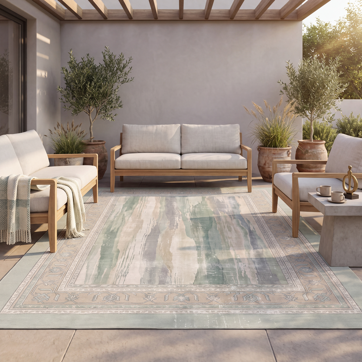 The rug laid flat on a patio beside outdoor seating.