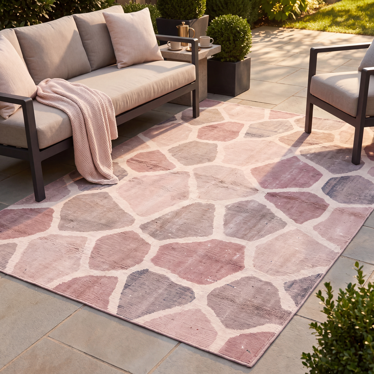 The rug laid flat on a patio beside outdoor seating.