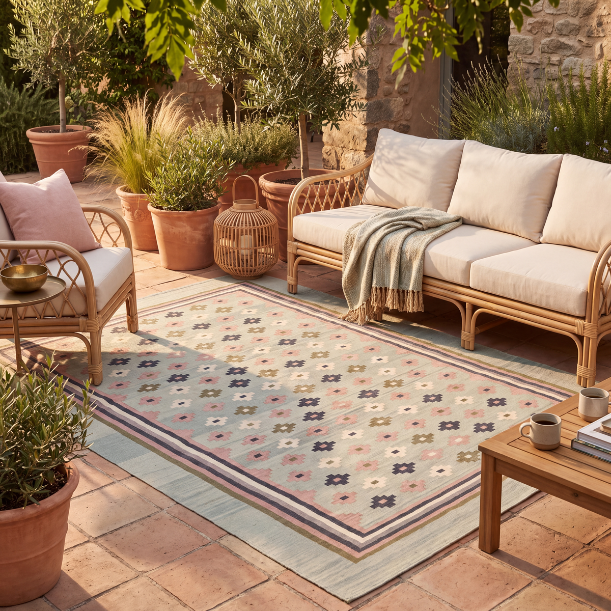The rug laid flat on a patio beside outdoor seating.