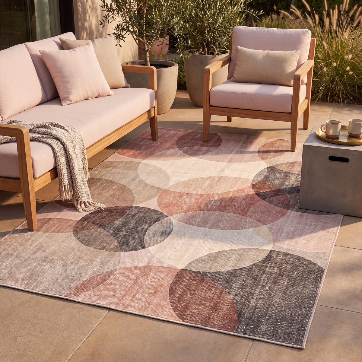The rug laid flat on a patio beside outdoor seating.