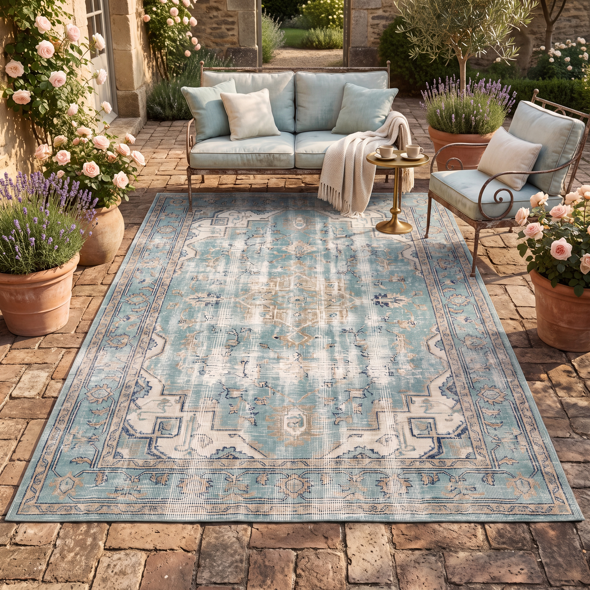 The rug laid flat on a patio beside outdoor seating.