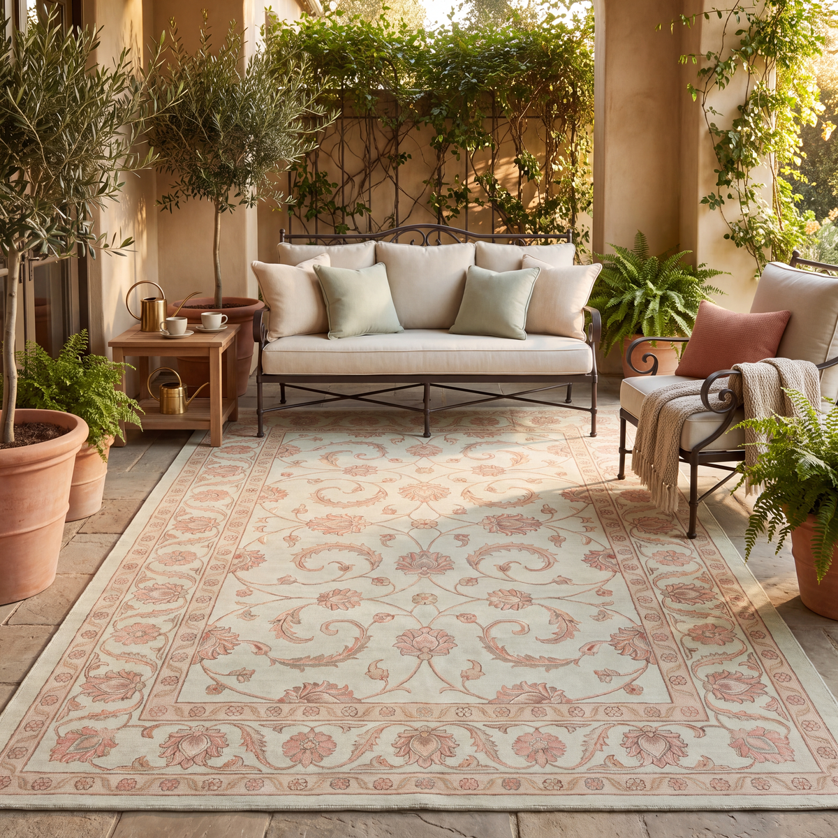 The rug laid flat on a patio beside outdoor seating.