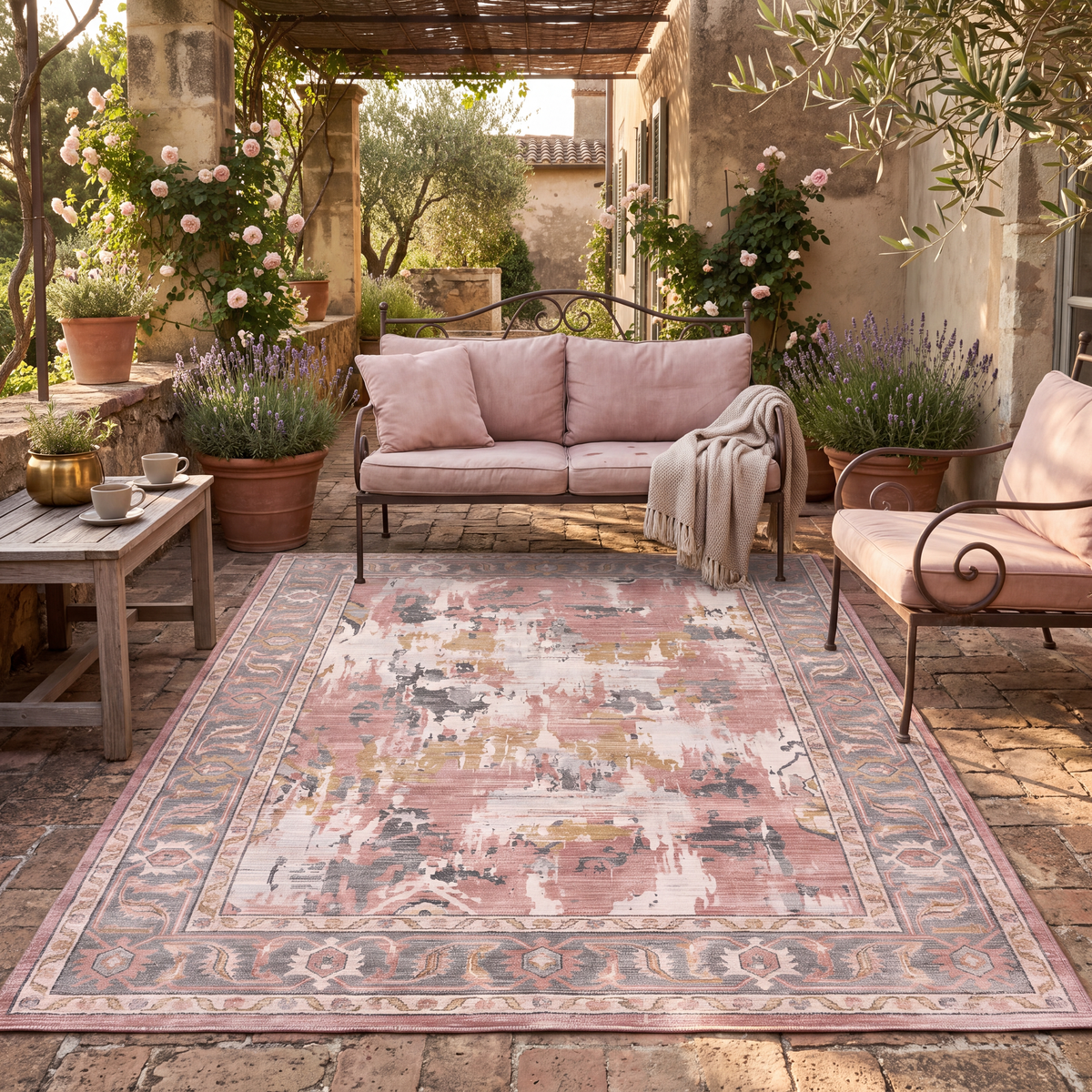 The rug laid flat on a patio beside outdoor seating.