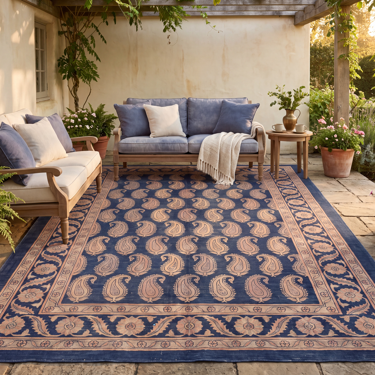 The rug laid flat on a patio beside outdoor seating.