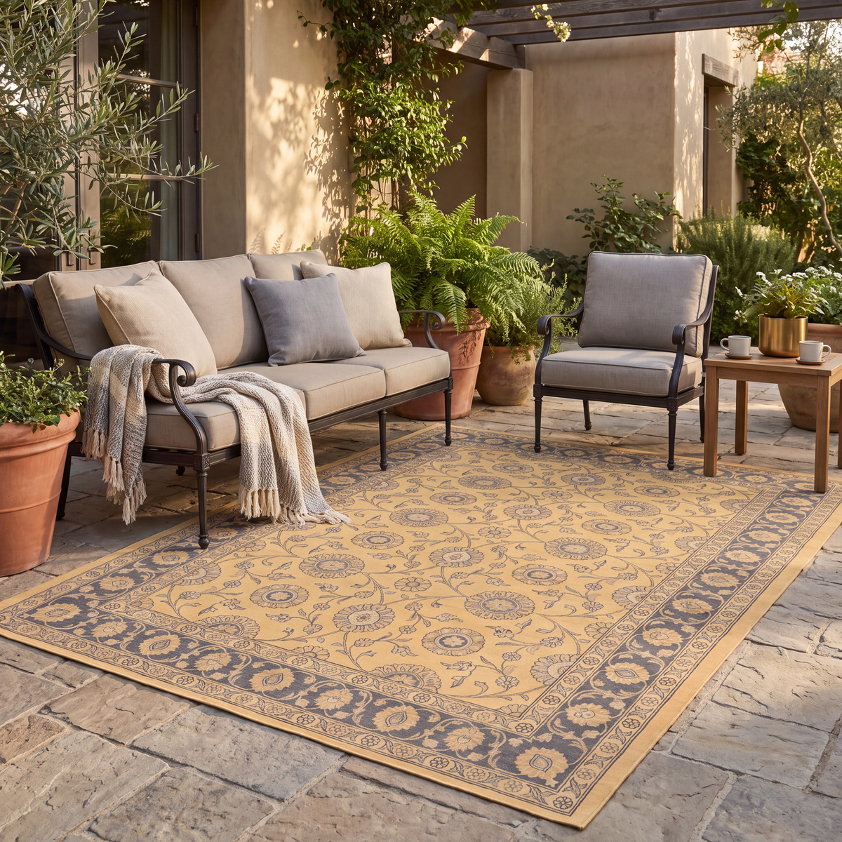 The rug laid flat on a patio beside outdoor seating.